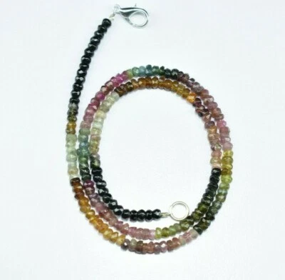 Multi Tourmaline Rondelle Faceted Gemstone Beaded Necklace 925 Sterling Silver - Image 1 of 4