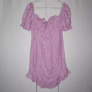 Tea Cup Dress Medium Purple Mini Puff Sleeve Off-Shoulder Eyelet Cottagecore - Picture 1 of 9