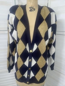 Vintage Casual Corner Women’s Argyle Knit Cardigan Sweater Ramie Blend Sz Large - Picture 1 of 8