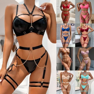 Sexy Ladies Lingerie Lace Bra Chains Thong Suspenders Underwear Set Nightwear AU - image 1 of 4