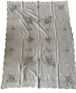 Tablecloth white cotton with gray embroidered details. Scallop edge #HT824 - Picture 1 of 6