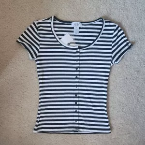 Just Polly Striped Button Front Ribbed Babydoll Shirt Cropped Black White Size S - Picture 1 of 4