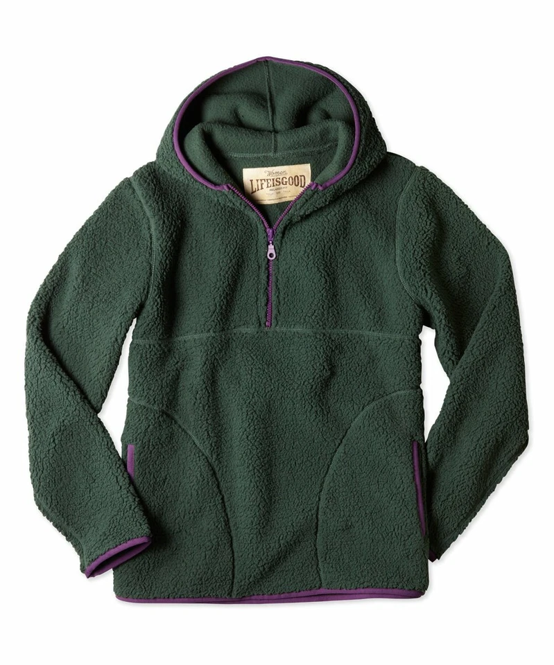 Large NWT Women's Life Is Good Faux Sherpa 1/4 Zip Green Hoodie  - Image 1 of 4