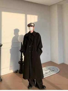 Long Oversized Windproof Black Warm Woolen Coat Men Sashes Double Breasted Wool - Picture 1 of 19