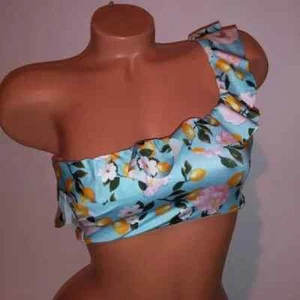 Victoria's Secret Bikini-Oberteil Schwimmen blau Large One-Shoulder-Rüschen Blumenmuster NEU - Bild 1 von 5