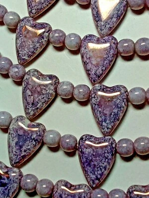 Mauve Heart Beads 13mmx18mm  Czech Glass Top Drill w/ 6mm Druk Beads Free Ship! - Image 1 of 4