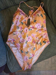 LA Hearts Swimsuit, Hawaiian Floral, Size M, High Cut, Back Tie, Peachy Floral - Picture 1 of 6