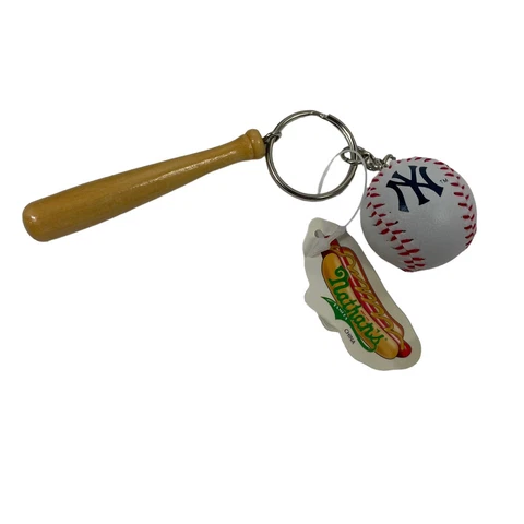 NY Yankees Wooden Baseball BAT & BALL Keychains 94 Red Lace Nathan’s Hotdogs Cover