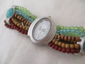 Vivani Watch Brown & Blue Beaded Band Oval Shaped Face Silver Toned Boho Style - Picture 1 of 12