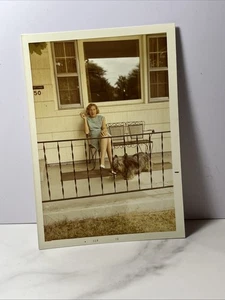 Vintage Color Photo Smoking Cigarettes With Hairy Dog On Porch 1970’s Snapshot - Picture 1 of 1