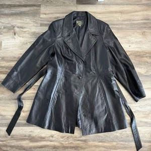 Vintage San Diego Black Leather Trench Coat Jacket Belted Size 18 USA Made Women - Picture 1 of 12