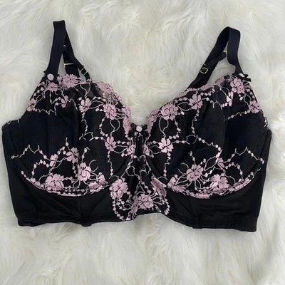 Cacique 38G Lightly Lined French Balconette Bra Black Pink Floral Lace - Image 1 of 4