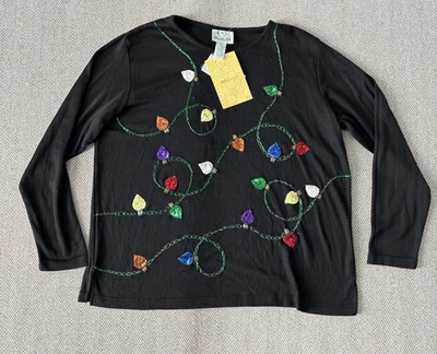 The Quacker Factory Top Womens XL Black  Christmas Lights Shirt - Image 1 of 4