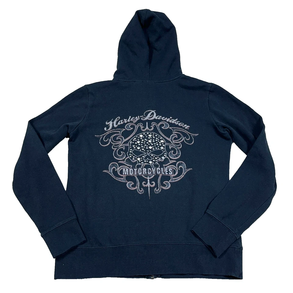 De colección Y2K Harley Davidson Sudadera con Capucha Mujer Grande Negra Cremallera Completa Chaqueta Calavera Joya Foto 1 de 4