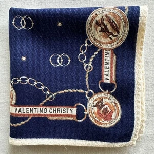 VTG Handkerchief Navy Fabric Woven Geometric Border Chain Coin Pocket Square 18" - Picture 1 of 3