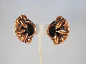 Vintage Ohrringe Abstrakt Blume Schwarz Emaille Kupfer Clip On - Bild 1 von 11