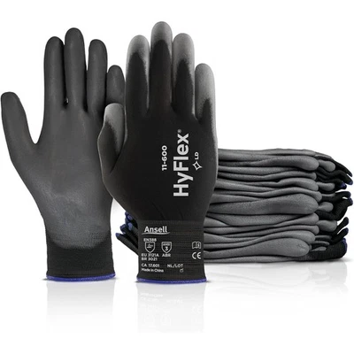 12 PACK Ansell HyFlex 11‑600 Work Gloves Size 8 Medium – Light Duty, Palm Coated