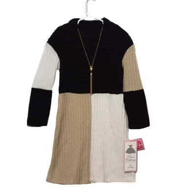 NWT Rare Editions Girls 7 Sweater Dress & Necklace Beige Color Block Long Sleeve - Image 1 of 4