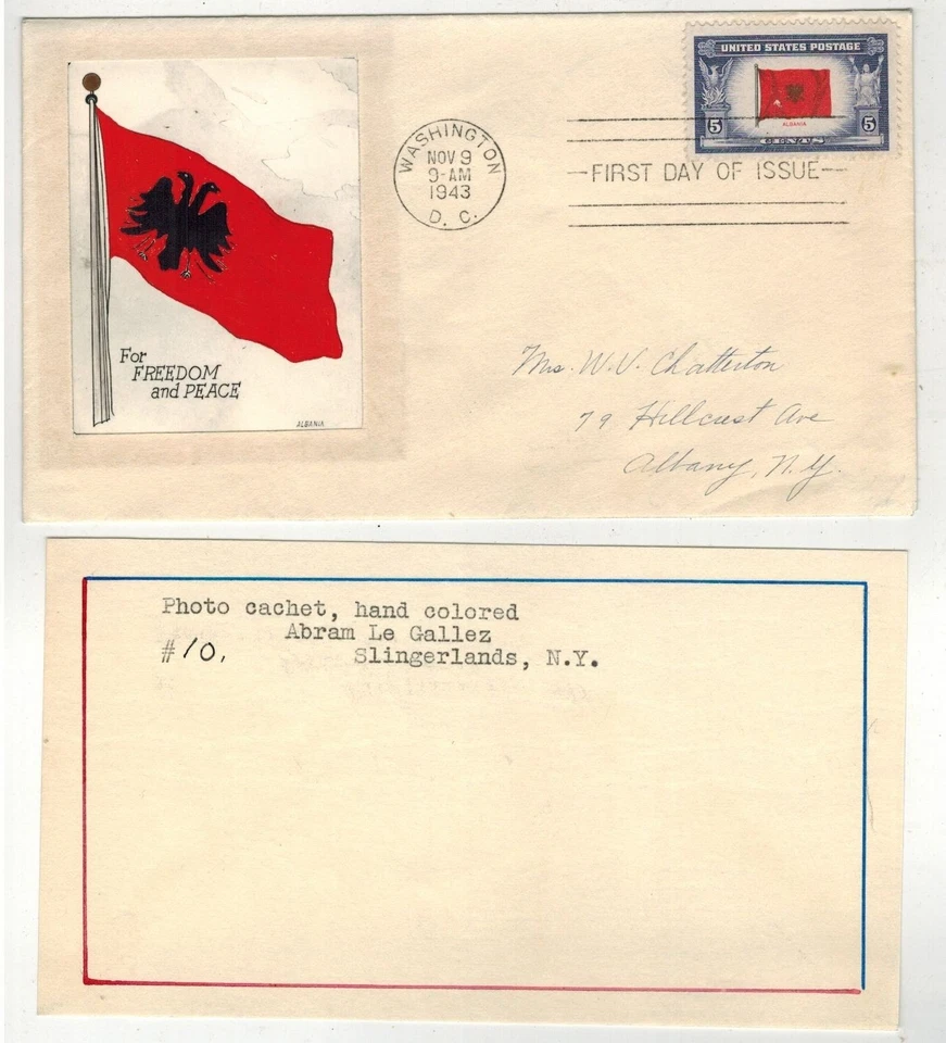 1943 Patriotic FDC OVERRUN COUNTRIES 918 LEGALLEZ HANDPAINTED ALBANIA FLAG & CAR - Image 1 of 1
