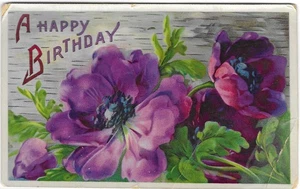 Vintage Greetings Postcard Happy Birthday Purple Peonies Flowers - Picture 1 of 2