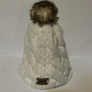 Norway Cable Knit White Beanie Hat Pom Pom Acrylic Blend Ski CabinCore BohoChic - Picture 1 of 6