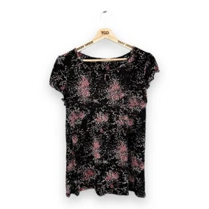 Ladies Black Print Short Sleeved Keyhole Stretch T-Shirt Top Size 14 - Picture 1 of 3