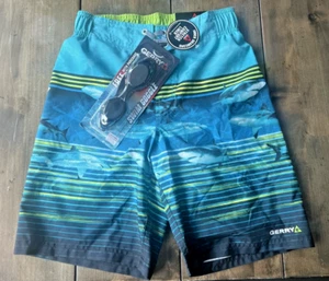 Gerry Board Shorts Swim Trunks S- 8 Boys  Blue Sharks & Swim Googles UPF 50+ - Picture 1 of 6