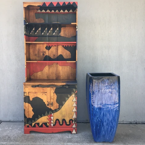 Artisan Abstract Geometric Southwest Cabin Handpainted Cabinet Bar Bookcase 72” Cover