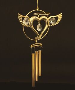 SWAROVSKI CRYSTAL ELEMENTS STUDDED ANGEL LOVE HEART WINDCHIME 24K GOLD PLATED