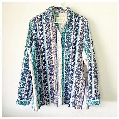 Camisa Liz Claiborne Lino Botones Azul Floral Geométrica Talla XL Foto 1 de 4