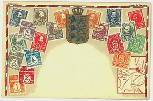 18.-PPC POSTKARTE DÄNEMARK-DÄNMARK BRIEFMARKEN MONTAGE GEPRÄGT WAPPEN - Bild 1 von 2