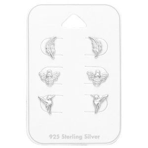 Nature Set of Ear Studs 925 Sterling Silver Feather, Bee & Hummingbird Gift Pack - Picture 1 of 7