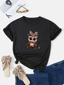 Cartoon Owl Print Casual T-shirt, Women's Short Sleeve Round Neck Comfort Top - Picture 1 of 9