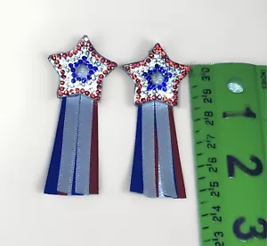 Earrings Red White Blue Rhinestone Star With Ribbon - Picture 1 of 2