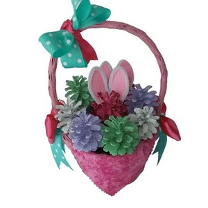 Easter Decorative Basket with Pink Bunny Ears, Pinecones and Polka Dot Bow, Pink - Picture 1 of 8