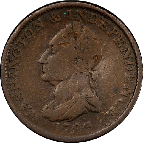 1783 Washington and Independence Draped Bust No button, PCGS  F Details - Damage Cover