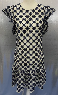 Shoshanna Kassia Dress Womens Sz 4 Blue White Floral Lace Overlay Flutter Sleeve - Image 1 of 4