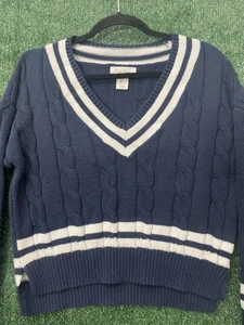 Maglione Jessica Simpson blu navy bianco a righe maglia con cavi taglia S ritagliato - Foto 1 di 10