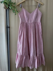 New J. Crew Drapey Spaghetti Strap Dress 6 Ruffle Hem Pink- White Stripe Cotton - Picture 1 of 14