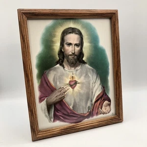 Vintage 1970’s Sacred Heart of Jesus Print Christian Religious Art Framed 9x11 - Picture 1 of 17