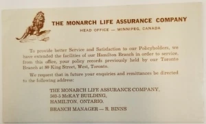 The Monarch Life Assurance Company Hamilton Branch Advertising Blotter E1B - Imagen 1 de 2