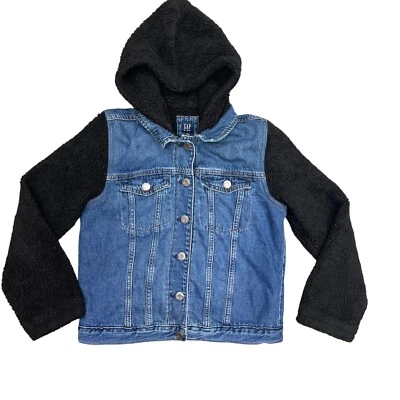 Gap Kids Negro Sherpa Demin Chaleco Chaqueta Abrigo XXL 14-16 Capucha Peluche Polar Completo Foto 1 de 4