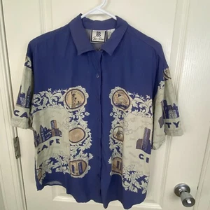 Vintage Bill Blass Shirt Womens L Blue New York Cityscape Skyline Twin Towers - Picture 1 of 21