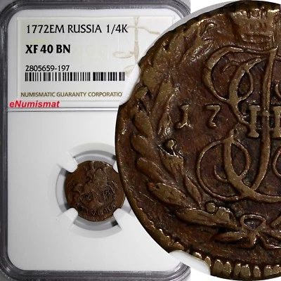 Russia Catherine II 1772 EM Polushka 1/4K. NGC XF40 BN TOP GRADED C# 55.3 (197) - Image 1 of 4