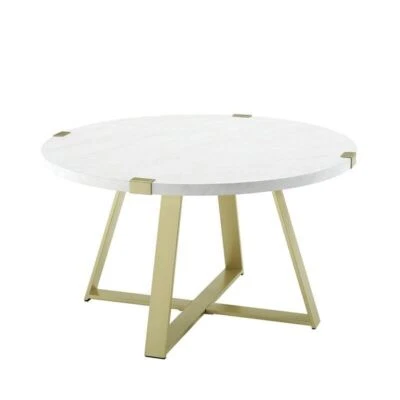 WALKER EDISON METAL ROUND WHITE AND GOLD COFFEE LIVING ROOM CENTRE TABLE DURABLE LAMINATE
