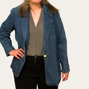 Denim Blazer Vintage Single Button Retro Western Office Blue Large Cotton - Picture 1 of 10
