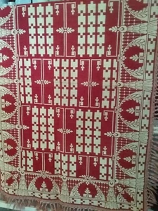 ANTIQUE FRENCH ART DECO RED AND WHITE HAND KNOTTED COTTON TABLECLOTH - Picture 1 of 6