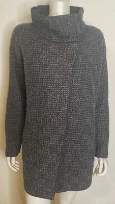 Eileen Fisher Gray Black Tweed Wool Jacket L Stand Collar Pockets LS Snap Front - Image 1 of 4