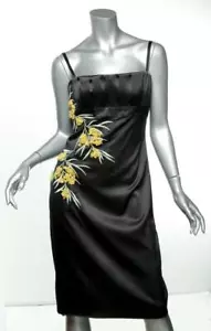 ROBERTO CAVALLI Black Silk Yellow Flower Embroidered Knee-Length Dress IT44 US8 - Picture 1 of 6