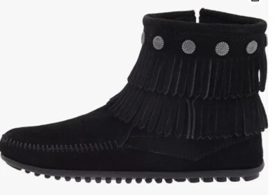 Botas MINNETONKA Doble Fleco Cremallera Lateral NEGRAS ¡NUEVAS! ¡LOOK RETRO BOHO! 6,5 Nuevo Foto 1 de 4